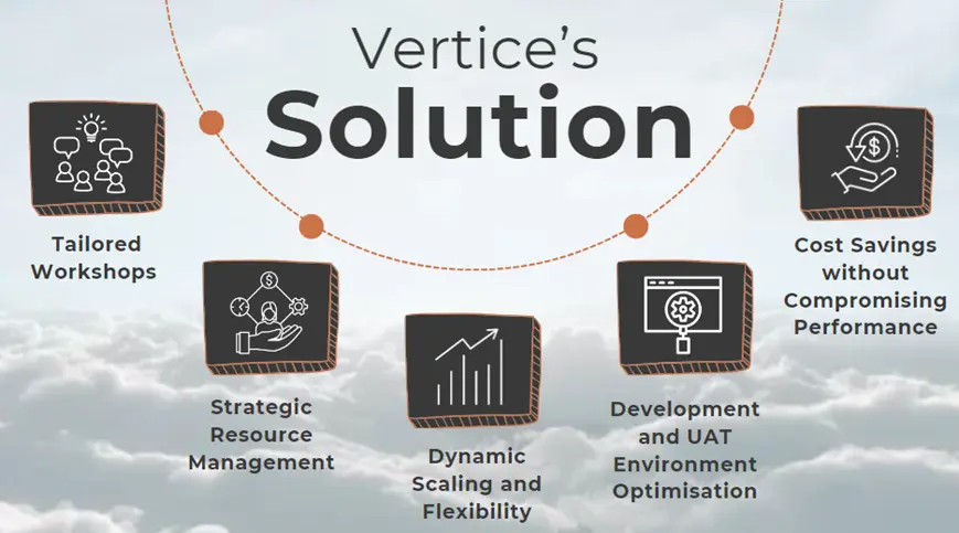 Vertices Solution including tailored workshops, strategic resource management, dynamic scaling and flexibility, development and UAT environment optimisation, cost savings without compromising performance